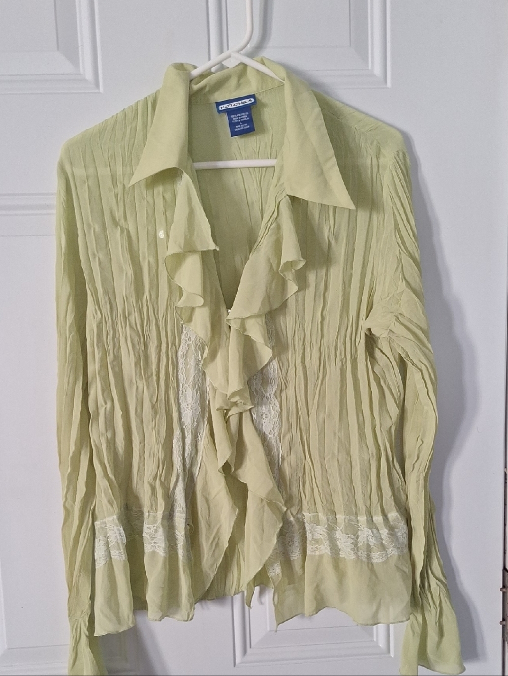 St. John's Bay Pale Green Ruffle Front Button-Down Shirt